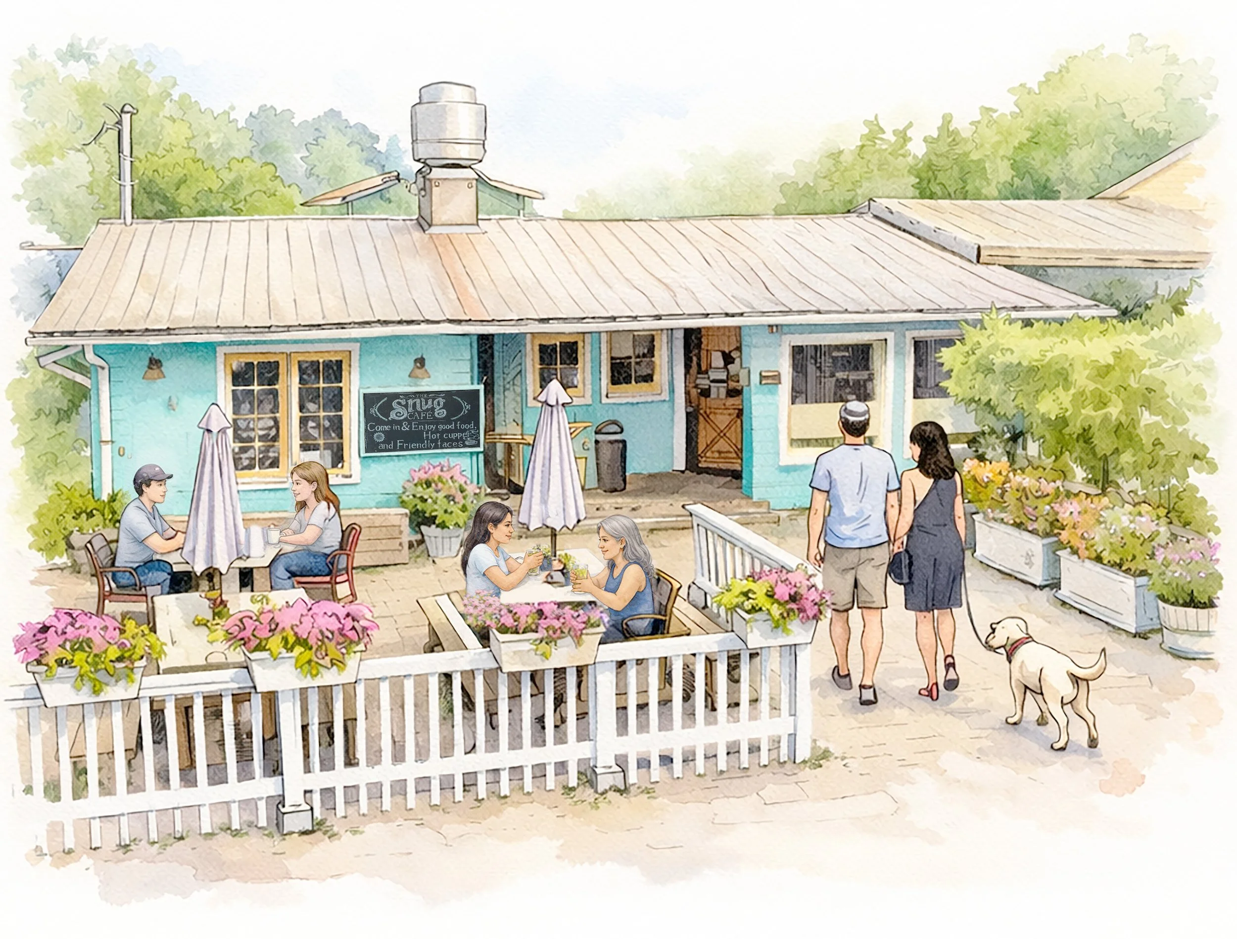 Watercolor illustration of the Snug Café on Bowen Island